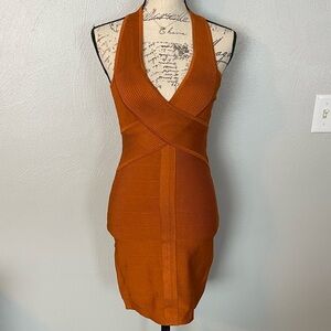GUESS Bandage Bodycon Dress Rust Orange Halter V Neck Zip Back Small